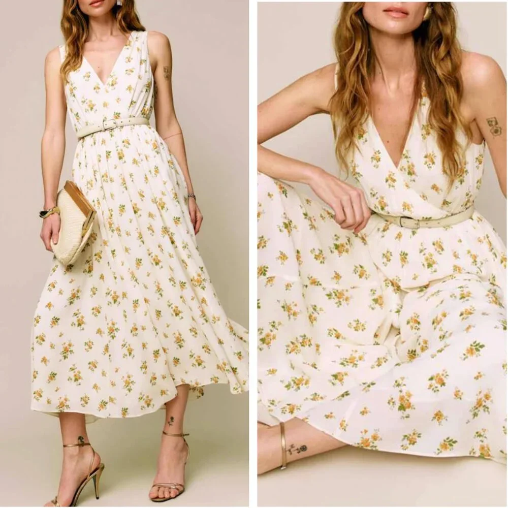 Reformation Farah Midi Dress Nicola Yellow Ivory Floral Summer Causal French - Picture 2 of 13